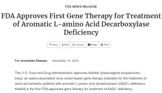 FDA批准首个治疗芳香族L-氨基酸脱羧酶缺乏症的基因疗法